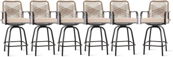 Outdoor Bar Stools Set of 6, 360° Swivel Metal Frame, Wicker Patio Bar Height by GOOGIC
