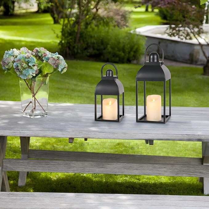 Lanterns Decorative Indoor Outdoor 15" 11" Set of 2 Lantern Decor Black Metal - Image 9