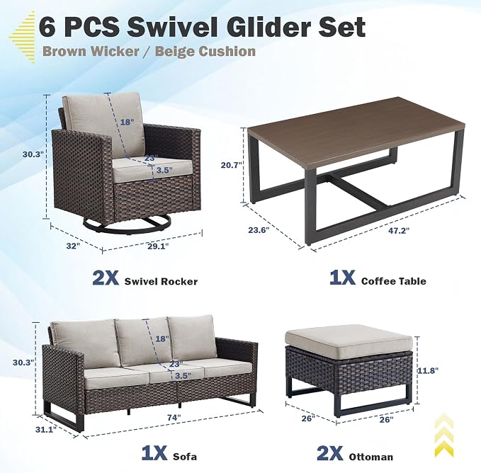 Belord 6 Piece Outdoor Furniture Patio Wicker Sofa Set, Oversize Outdoor Swivel - Image 2