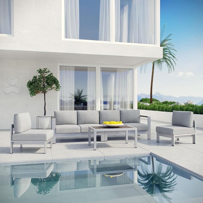 Modway Shore 5-Piece Aluminum Outdoor Patio Sectional Sofa Set in Silver Gray - Image 2