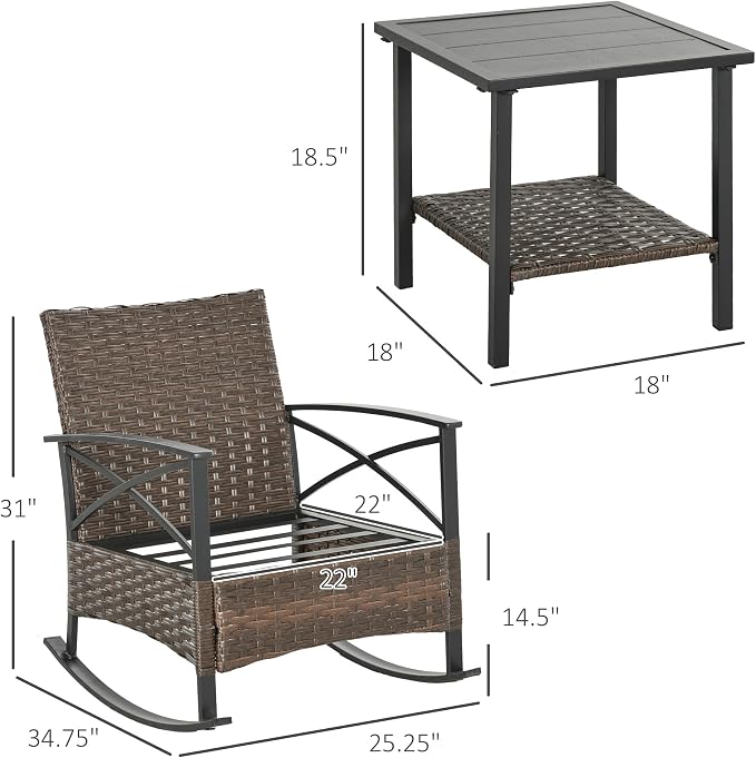 Outsunny 3 Piece Patio Rocking Chair Set, Outdoor Wicker Bistro Set - Image 7