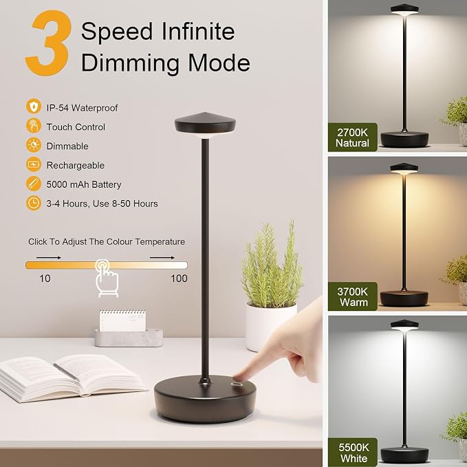 Rechargeable LED Cordless Table Lamp, 5000 mAh Touch Outdoor Table Lamp - Image 2