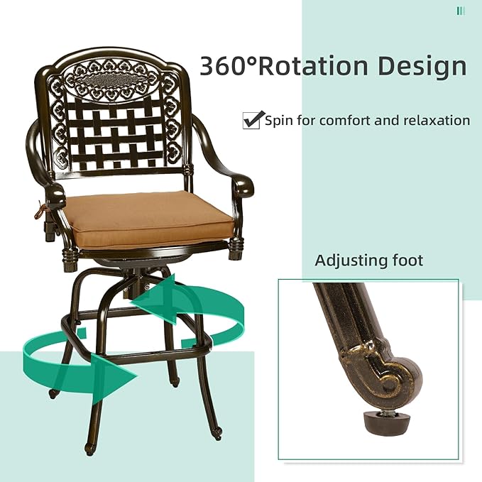 VIVIJASON 3-Piece Patio Swivel Bar Stools Set, All Weather Outdoor Cast - Image 3