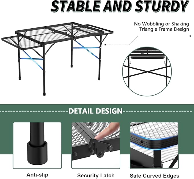Folding Table with 2 Wing Panels, 3x2 FT Camping Table with Mesh Desktop - Image 4