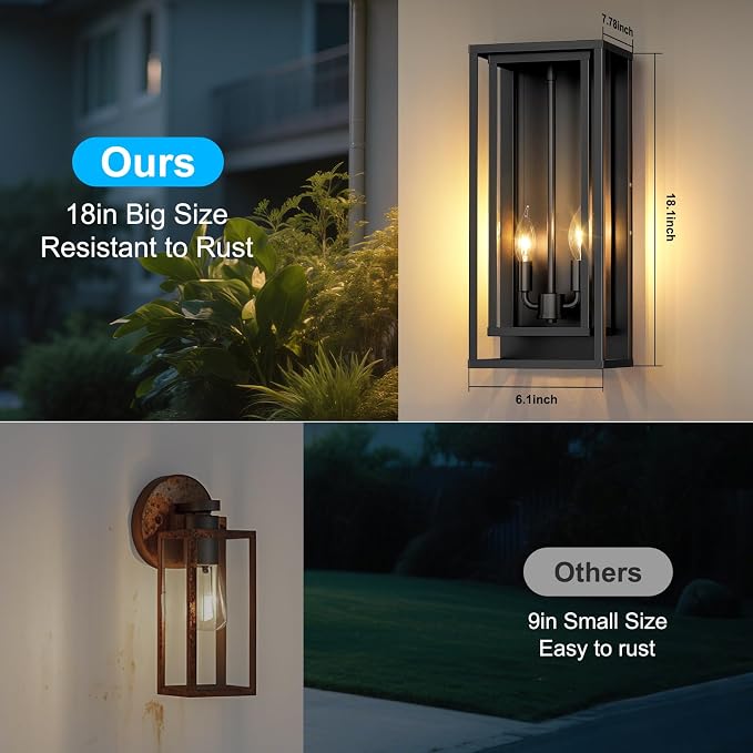 2-Pack Large Outdoor Wall Lanterns, 18” Exterior Waterproof Rectangular Sconce - Image 4