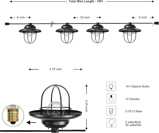 JONATHAN Y 10' Black 10-Light Rustic Farmhouse LED String Lights - Image 6
