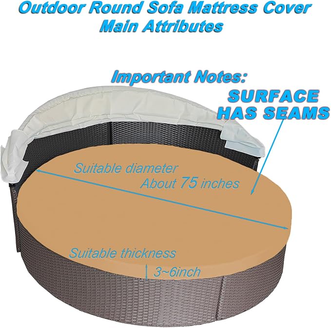 Round Outdoor Daybed Cushion Cover Replacement, Anti-UV Water-Resistant Patio - Image 2