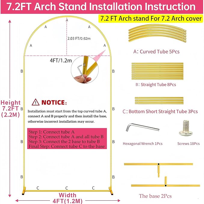 Metal Arch Backdrop Stand 7.2FT Gold Wedding Balloon Arched Backdrop Stand - Image 5