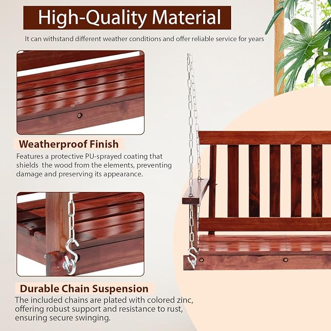 Outdoor Wooden Porch Swing 4Ft Patio Porch Swing Bench 800 LBS Load-Bearing - Image 3