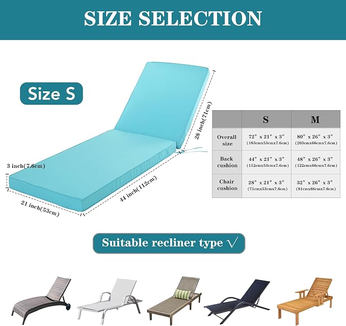 Chaise Lounge Cushion for Outdoor Furniture, Waterproof Fade and Tear Resistant - Image 3