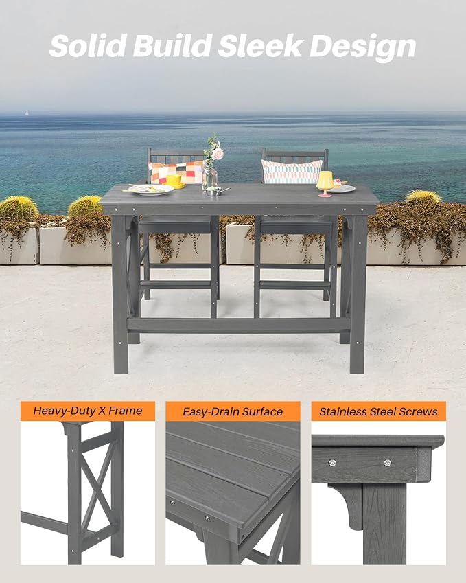 3 Pieces HDPE Outdoor Patio Bar Set, Rectangular Bar Height Table and Chairs Set - Image 6