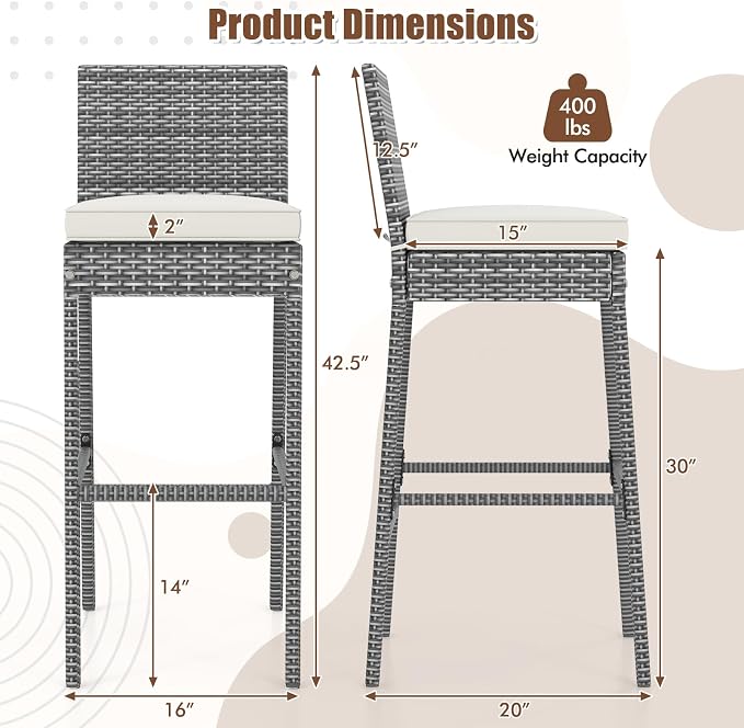 Tangkula Set of 2 Patio Wicker Barstools, Outdoor Bar Height Chair w/Soft Seat - Image 3