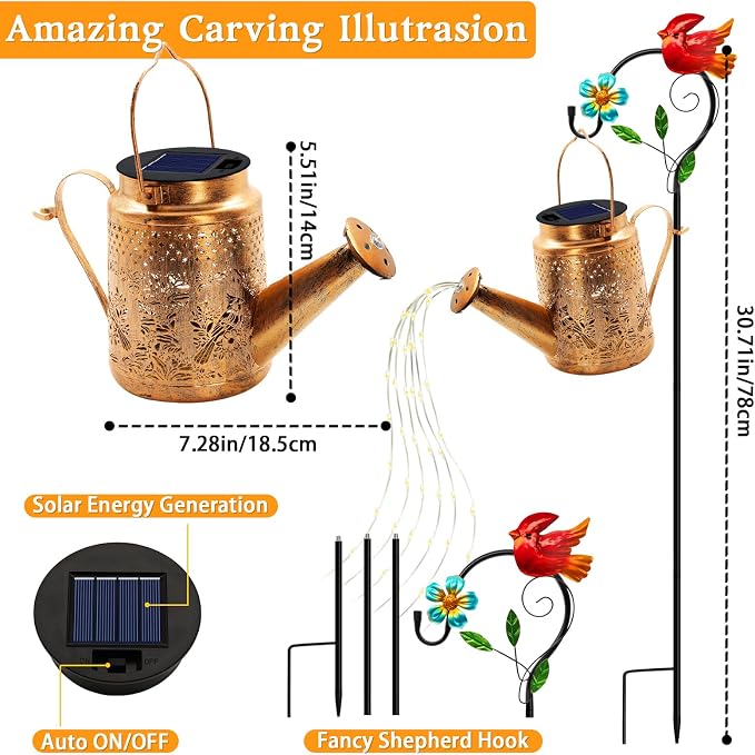 Solar Lights Outdoor Garden Decor, Cardinals Hanging Waterproof Watering Can - Image 3