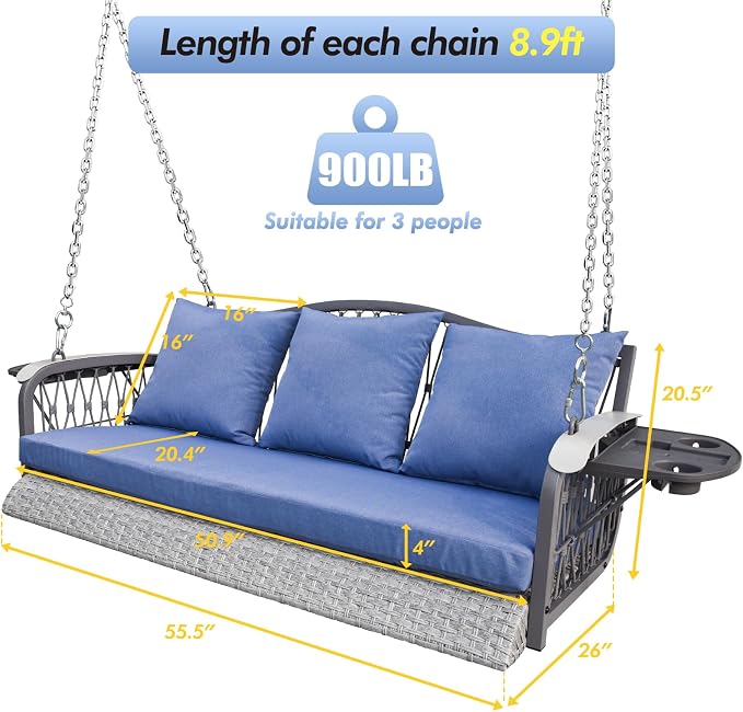 Wicker Porch Swing Heavy Duty 900 LBS 3-Seat Outdoor Patio Swing Chair - Image 7