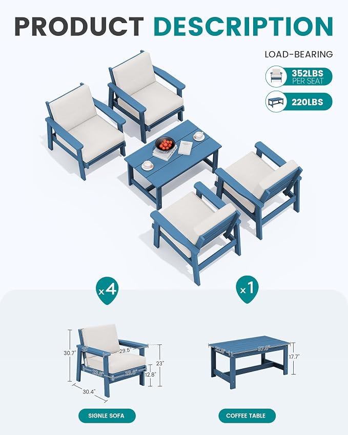 SERWALL Outdoor Patio Furniture Set, 5 Piece HDPE Patio Conversation Sets - Image 2