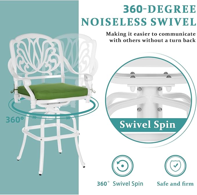 MEETWARM 2 Piece Patio Swivel Bar Chairs, All Weather Cast Aluminum High Swivel - Image 5