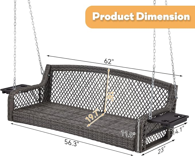 3 Seat Porch Swing, Wicker Patio Swing - Image 7