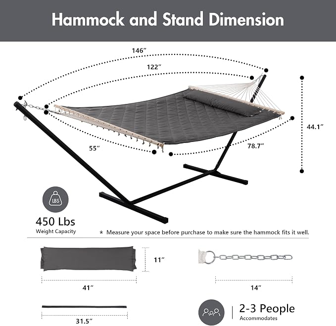 ANOW Double Hammock with 12FT Heavy Duty Steel Stand Included, 2 Person Hammock - Image 6