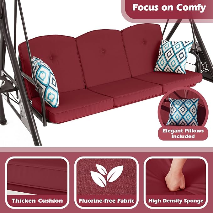 800LBS Patio Swing with Canopy 3 Seat Outdoor Porch Swing with Stand w/Cup - Image 4