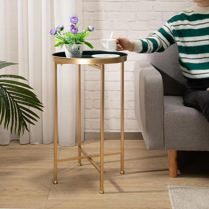 HollyHOME Small Round Metal Waterproof End Table, Accent Indoor&Outdoor Coffee - Image 2