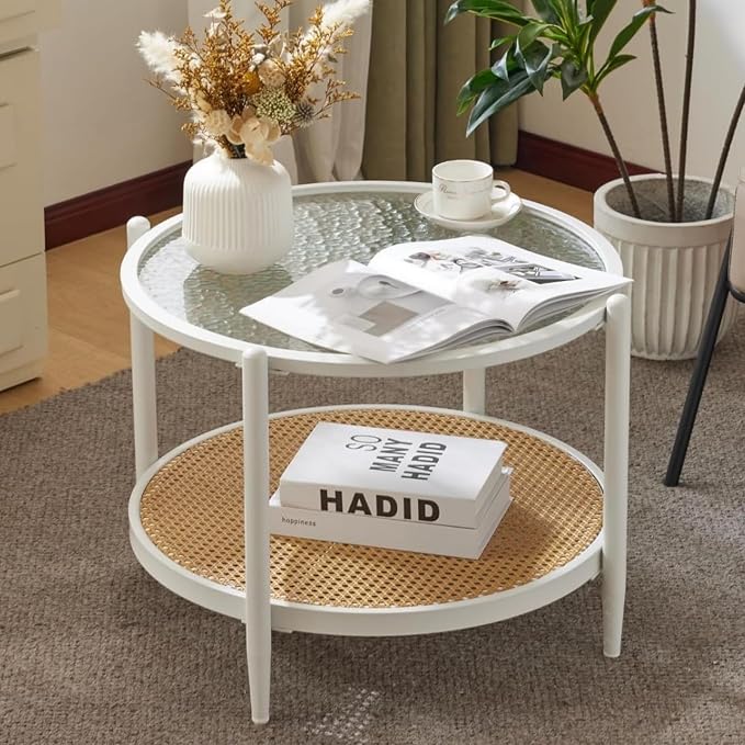 VINGLI 25.6" Coffee Table for Living Room, Round Water-Wave Glass Metal Center - Image 3