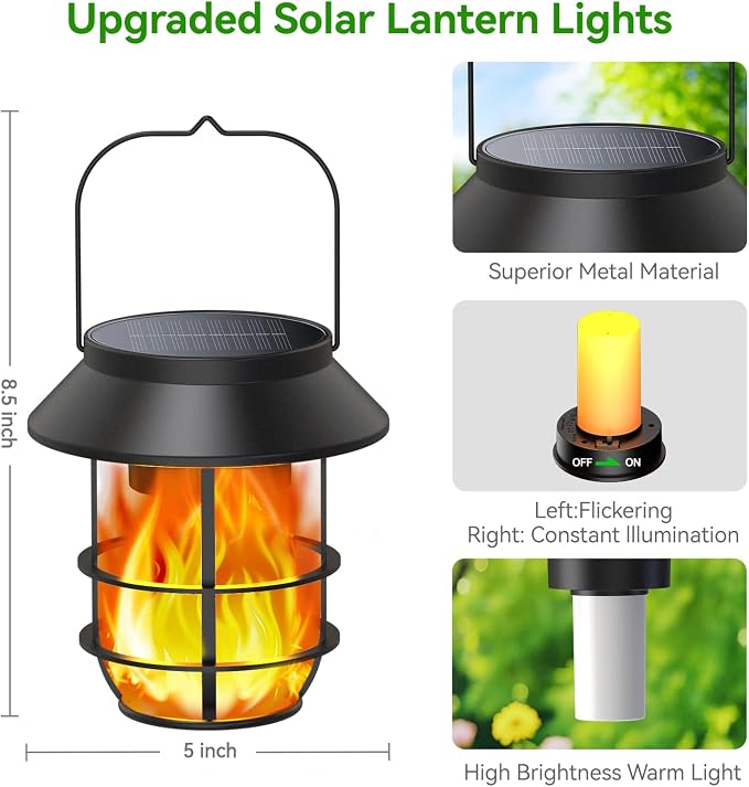 Solar Lanterns Outdoor Waterproof, Upgraded Flickering Flames Hanging Solar - Image 4