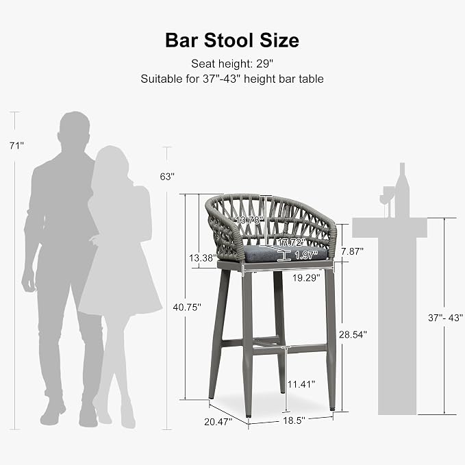 PURPLE LEAF Outdoor Rattan 29" Bar Stools Set of 2, Modern Boho Aluminum Patio - Image 3