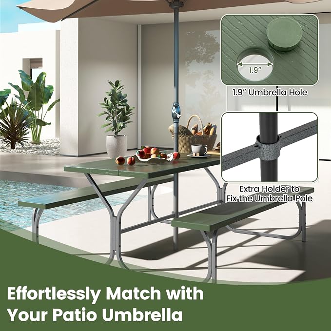 Giantex Picnic Table 6FT for 8 Person, Outdoor Table Set w/ 2 Benches, - Image 8