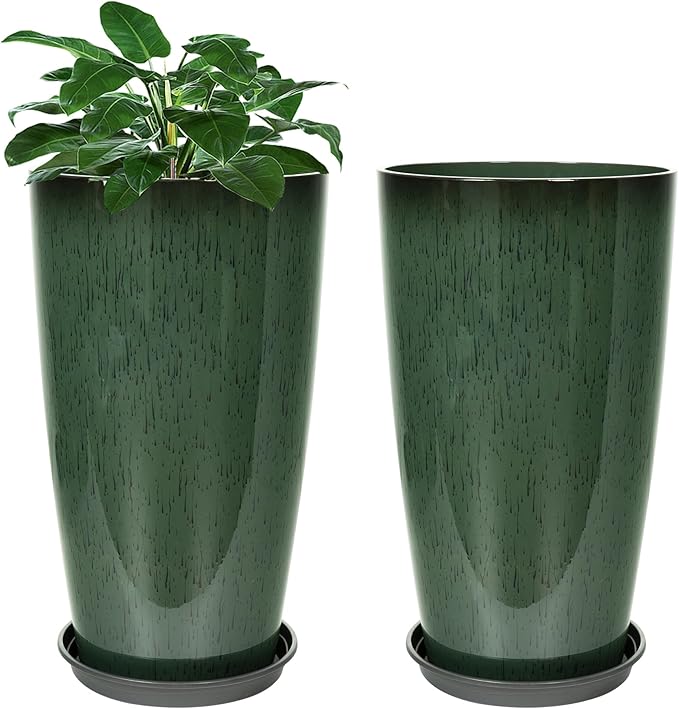 Set of 2 Lightweight Ceramic-Look Tall Planter, 21 inch Large Plastic Planter by Neoaider