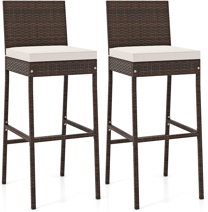 COSTWAY Outdoor Wicker Bar Stools Set of 2, Footrest and Backrest, Rattan by COSTWAY