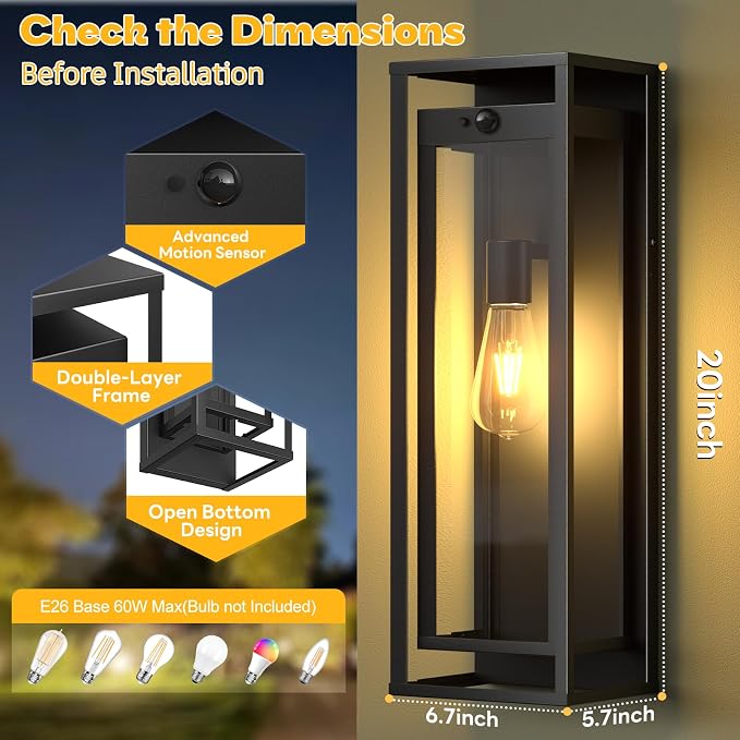 Large Motion Sensor Outdoor Lighting-20in Dusk to Dawn Modern Waterproof Sconce - Image 4