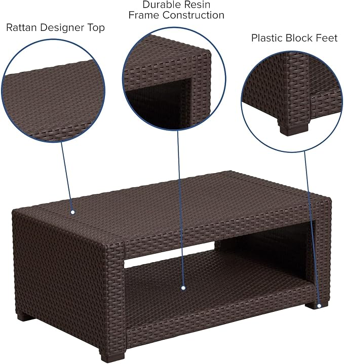 Flash Furniture Seneca Indoor/Outdoor Chocolate Brown Faux Rattan Coffee Table - Image 4