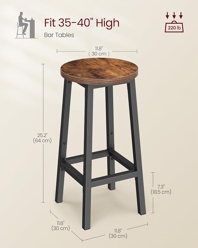 VASAGLE Bar Stools, Steel Frame, 25.2 Inch Tall, - Image 3