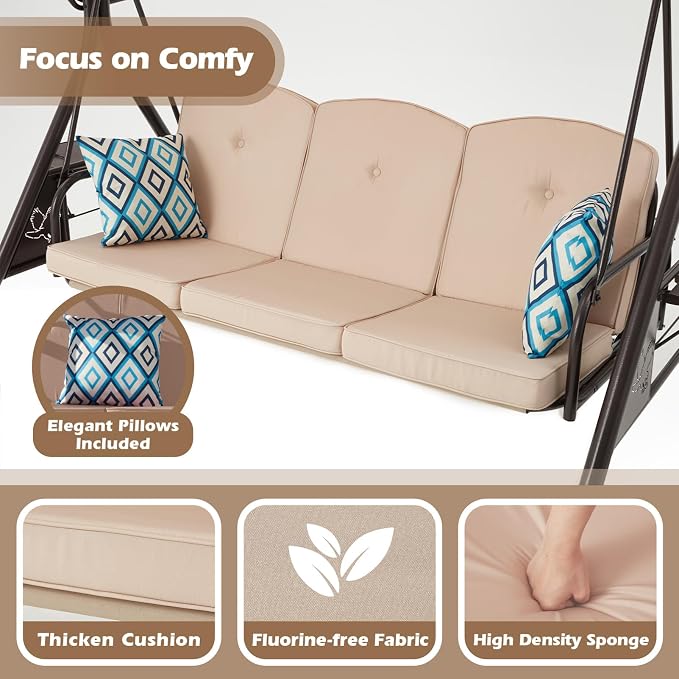 800LBS Patio Swing with Canopy 3 Seat Outdoor Porch Swing with Stand w/Cup - Image 4