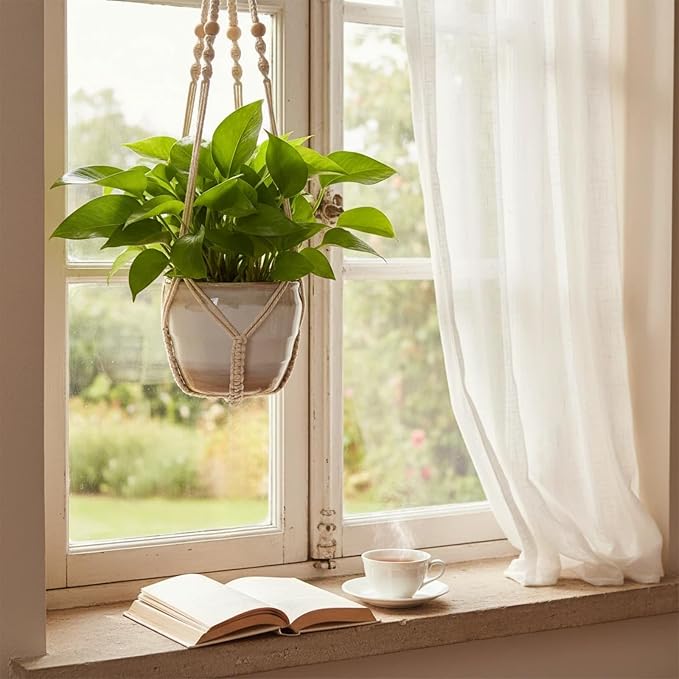 Macrame Plant Hanger, Wood Beads Cotton Hanging Planter Holder - Image 8