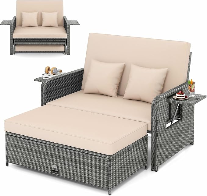 LDAILY Moccha Outdoor Daybed, Wicker Loveseat Sofa Set by LDAILY