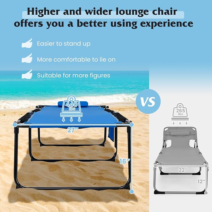 GYMAX Lounge Chair for Outside, 440lbs 27” Oversize Folding Beach Tanning - Image 4