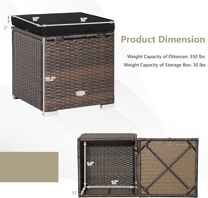 Tangkula 2 Pieces Patio Ottomans, Patiojoy Hand-Woven PE Rattan Side Table - Image 9