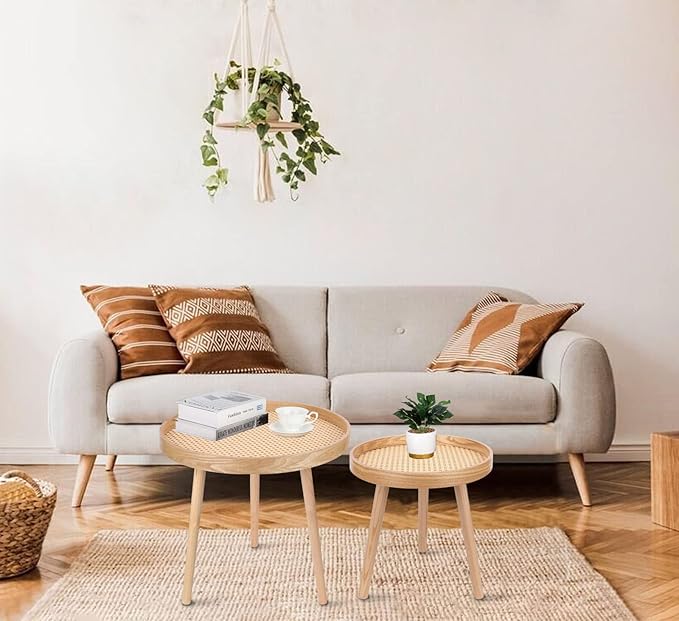 Round Coffee Table Set of 2, Natural Boho Coffee Tables, Small Mid Century - Image 6