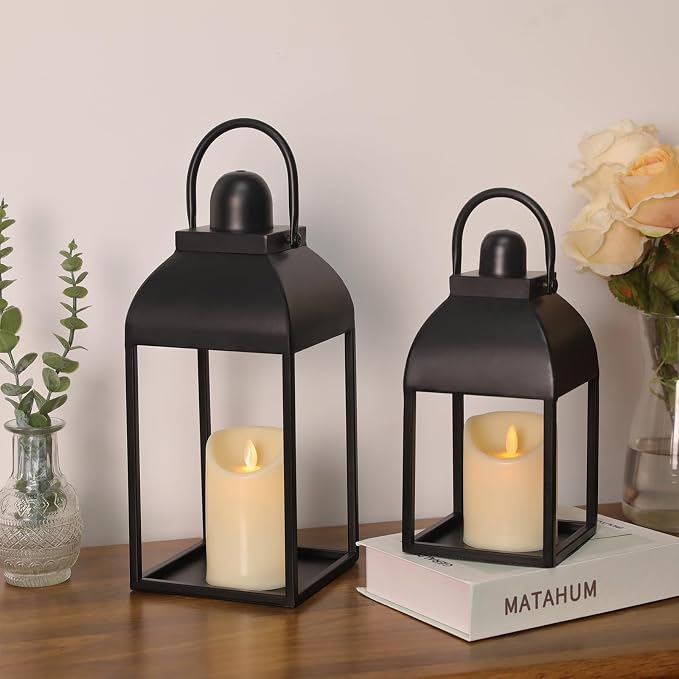 Lanterns Decorative Indoor Outdoor 15" 11" Set of 2 Lantern Decor Black Metal - Image 8