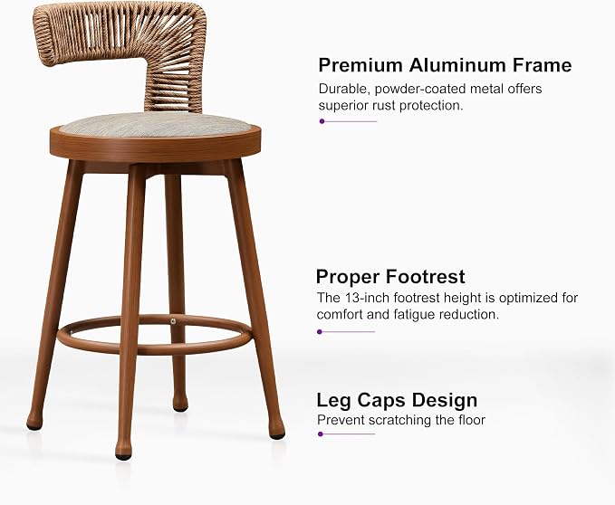 PURPLE LEAF Outdoor Swivel Counter Height Stools Set of 4 Metal Modern Rattan - Image 9