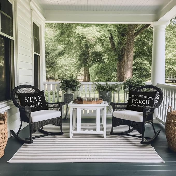 PANDICORN Welcome to Our Porch Stay Awhile Farmhouse Black and White Outdoor - Image 3