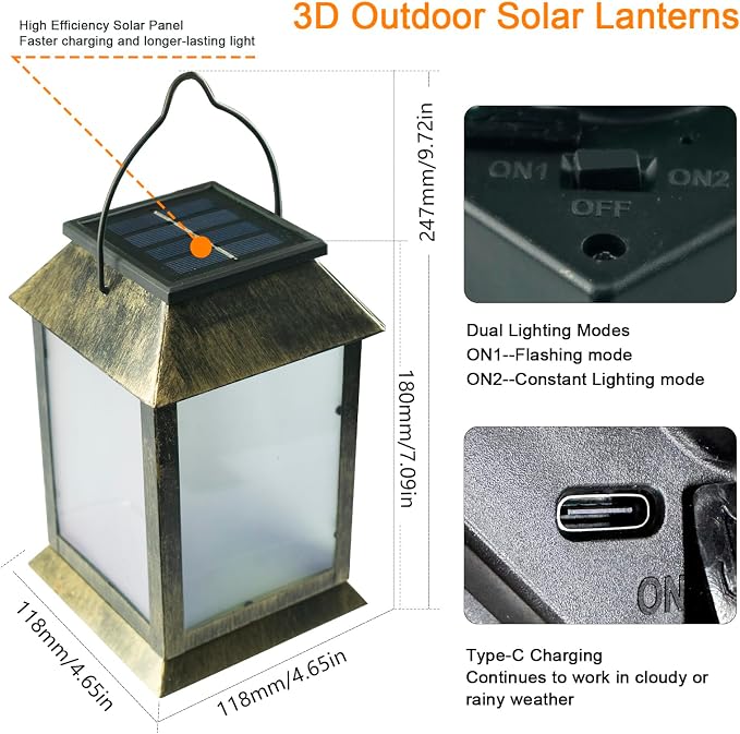 2 Pack Solar Lanterns Outdoor Waterproof, 3D Hanging Solar Lights, Type-C - Image 5