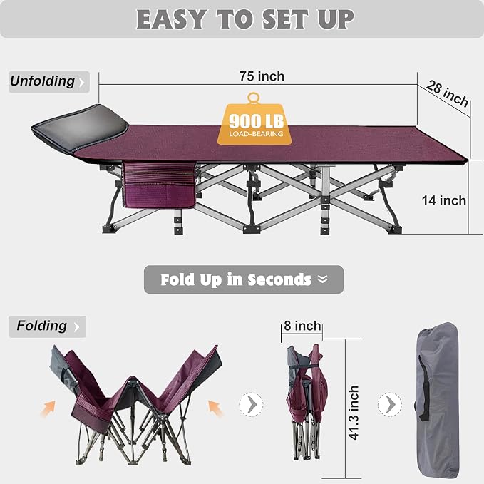 ABORON Camping Cot for Adult 28" Extra Wide, 2PK Heavy-Duty 1200D Oxford Cot - Image 7