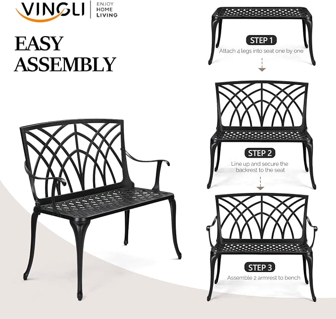 VINGLI 38" Outdoor Metal Bench, Cast Aluminium Garden Bench, Weatherproof - Image 6