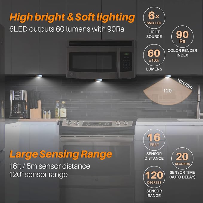 STAR-SPANGLED 6 Pack 2.8” Motion Sensor Lights Indoor AAA Battery Operated - Image 2