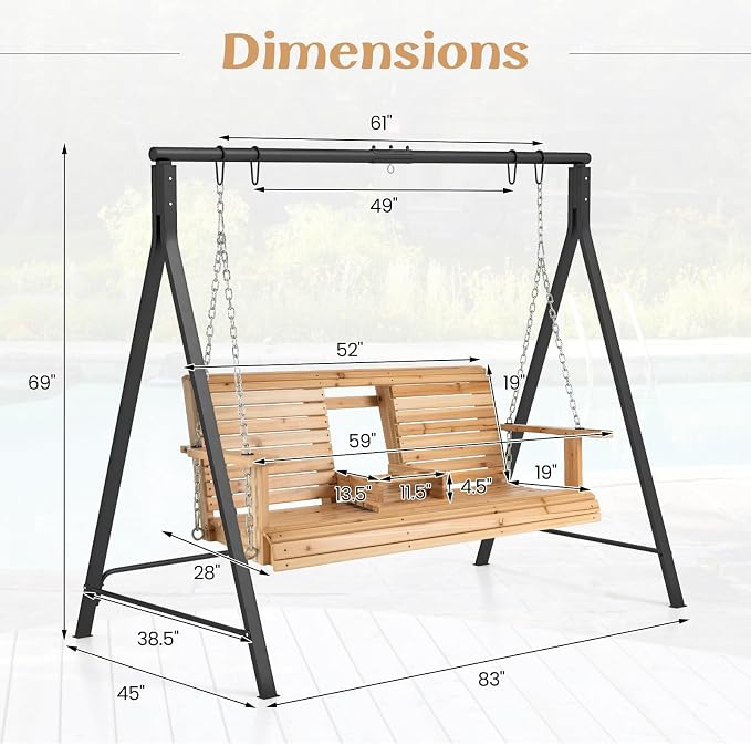 Tangkula Porch Swing with Stand, Wood Hanging Patio Swing with 2 Cupholder & - Image 7
