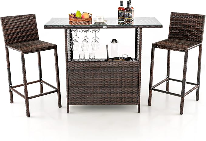 Tangkula Outdoor Bar Set, 3 Pieces Patio Wicker Bar Height Table and Chair Set by TANGKULA