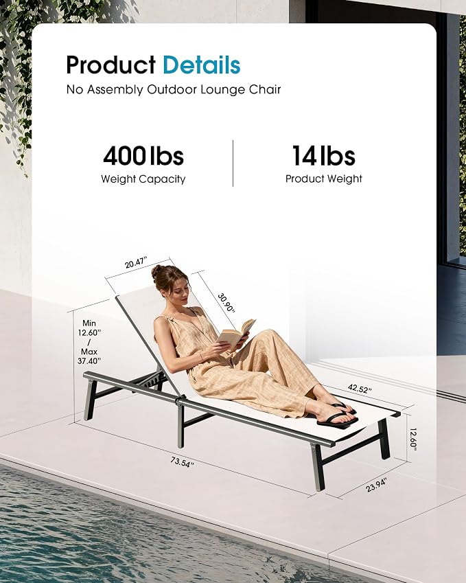 Ciokea Foldable Outdoor Lounge Chair Set of 2, No Assembly Aluminum Chaise - Image 2