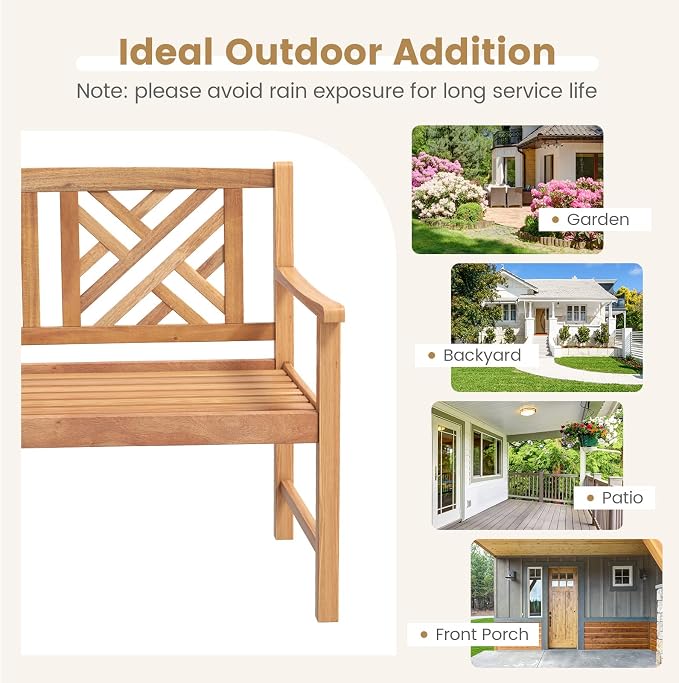 Tangkula Patio Acacia Wood Bench, 2-Person Outdoor Loveseat Chair, Cozy Armrest - Image 8